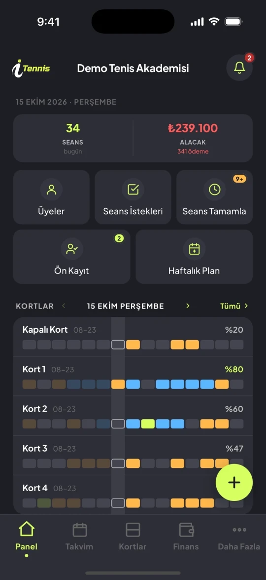iTennis mobil uygulaması — yönetici Panel ekranı