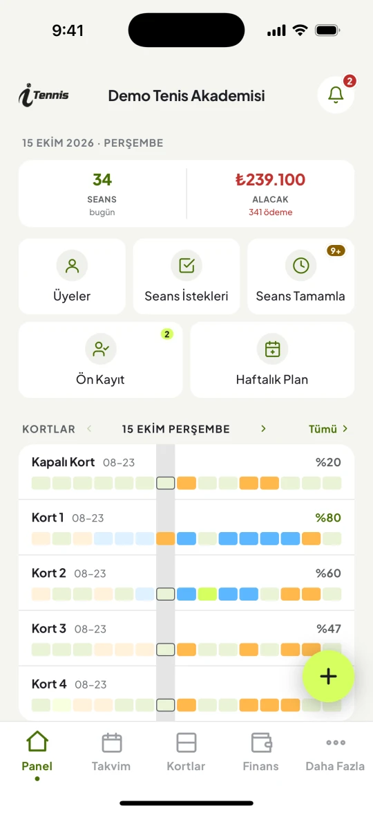 iTennis mobil uygulaması — yönetici Panel ekranı
